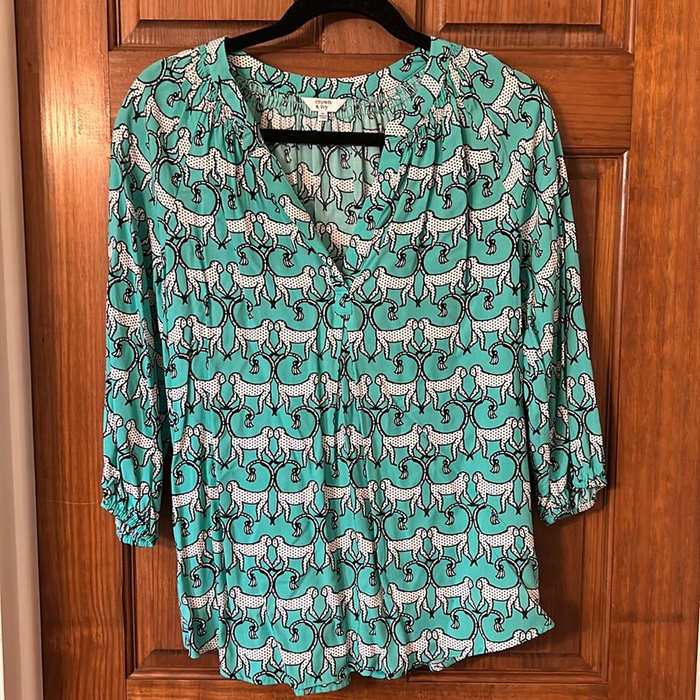 Crown and Ivy teal top with monkeys